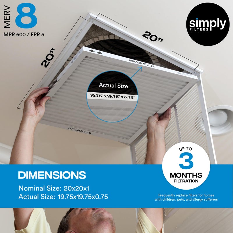 Simply 20x20x1 Air Filter, Merv 8, MPR 600, 4 Pack, Furnace Air Filter for HVAC (Actual Size: 19.75"x19.75"x0.75") DUST, Pet, & Allergy Control - Image 3